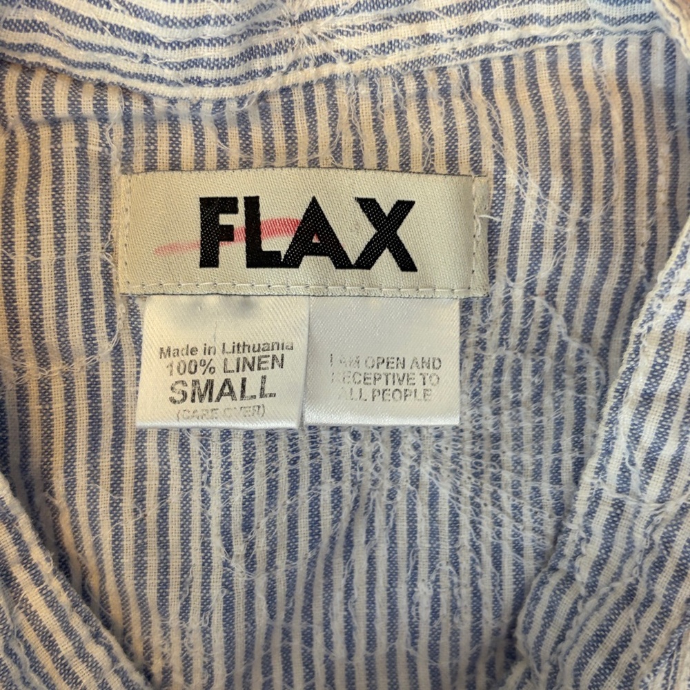 Flax Pinstripe Button Down Shirt Floral Embroidered Linen Roll Tab Sleeves S - Picture 3 of 7